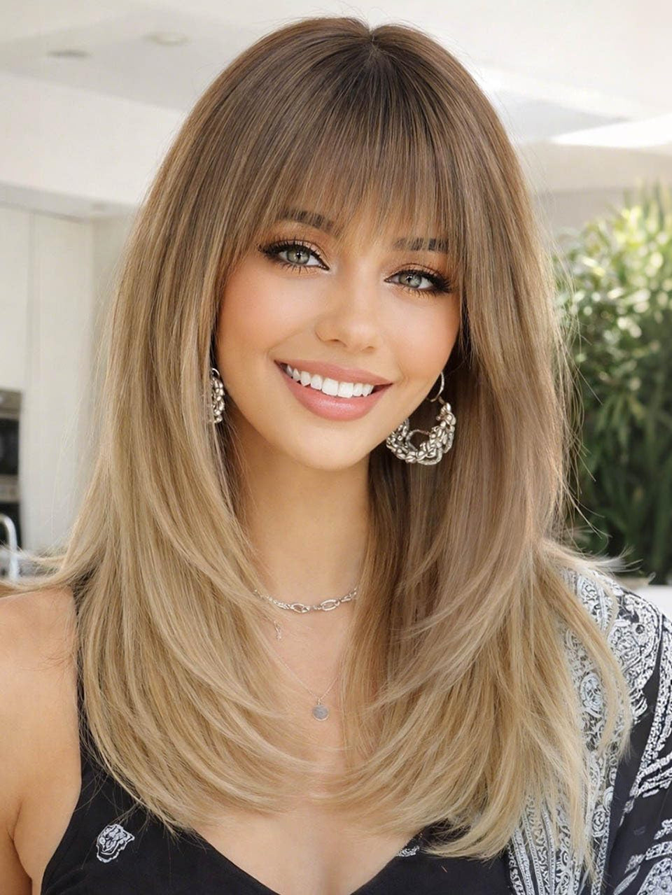 AISI HAIR Ombre Blonde Wig with Bangs, front view, natural fringe for flattering face framing.