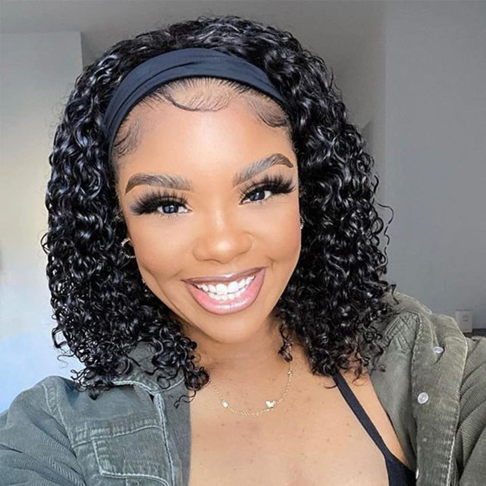 AISI headband wig curly front view with natural hairline and easy wear