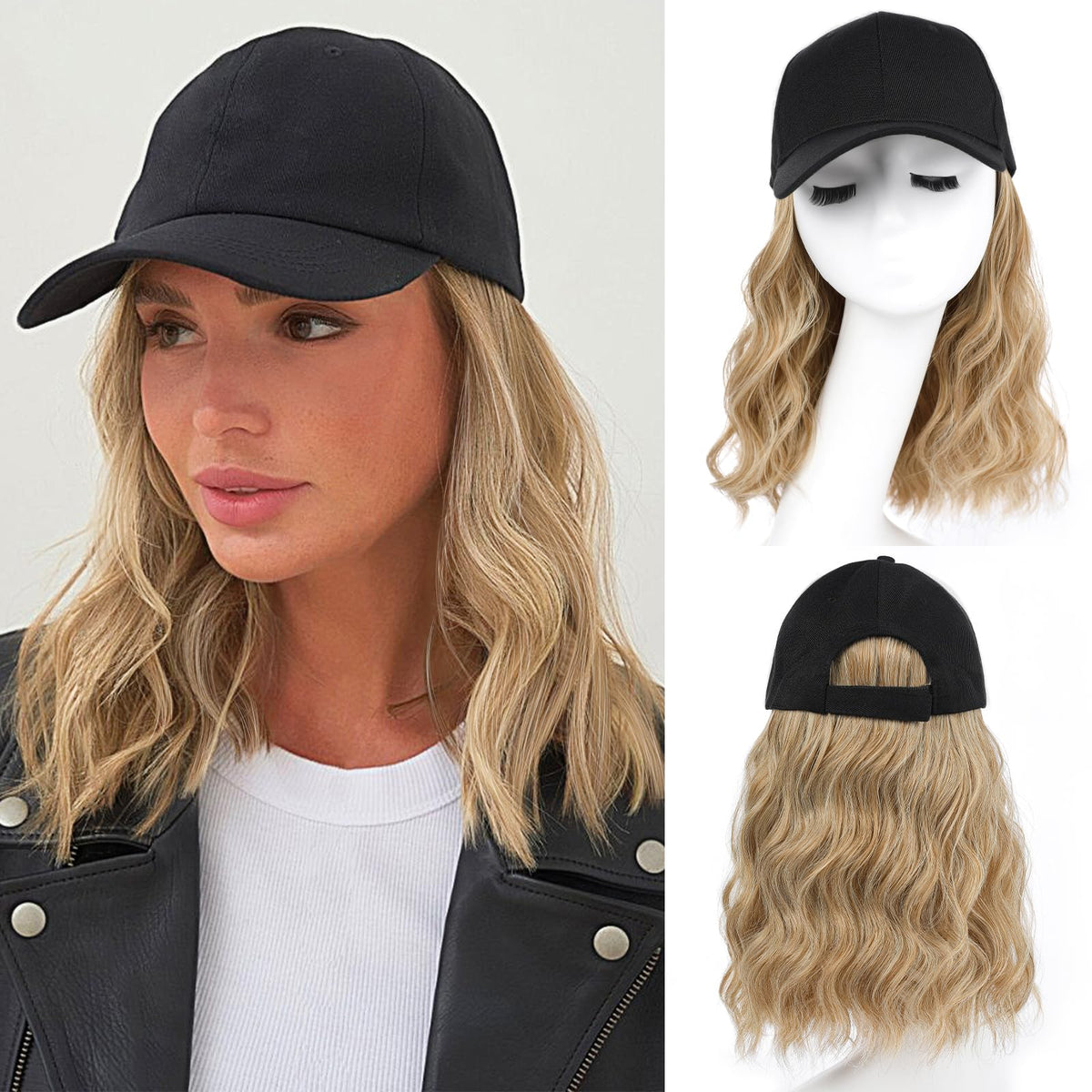 AISI QUEENS hat wig with attached hair, front view showing natural blend for quick style.