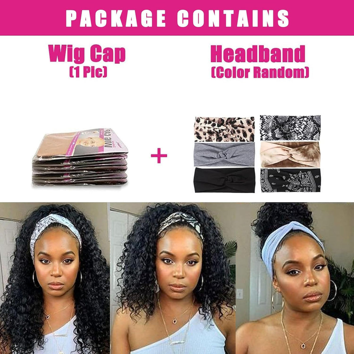AISI QUEENS Headband Wig packaging includes headbands and cap