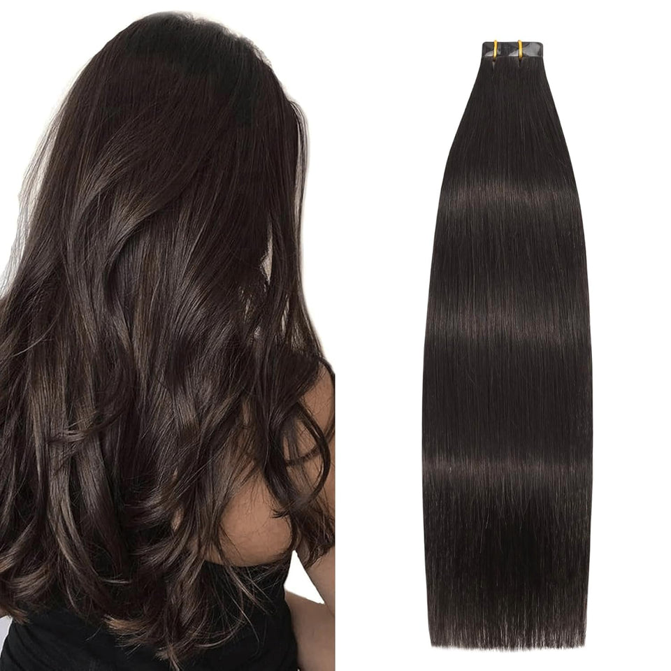 Aison dark brown tape-in extension 18inch front view blending naturally