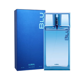 Ajmal Blu Original bottle back showcases premium presentation for gifting.