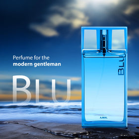 Ajmal Blu Original bottle held in hand conveys easy daily wear.