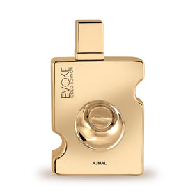 Ajmal Evoke Gold Edition bottle on display, a luxurious centerpiece.