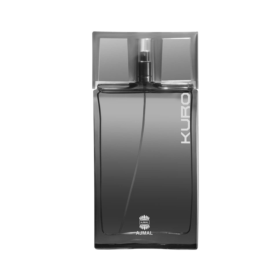 Ajmal Kuro bottle front view highlighting aromatic spicy woody profile for daily wear.