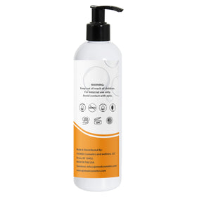 AJOMED COSMETICS flat lay bottle with bubbles highlighting cleanse.