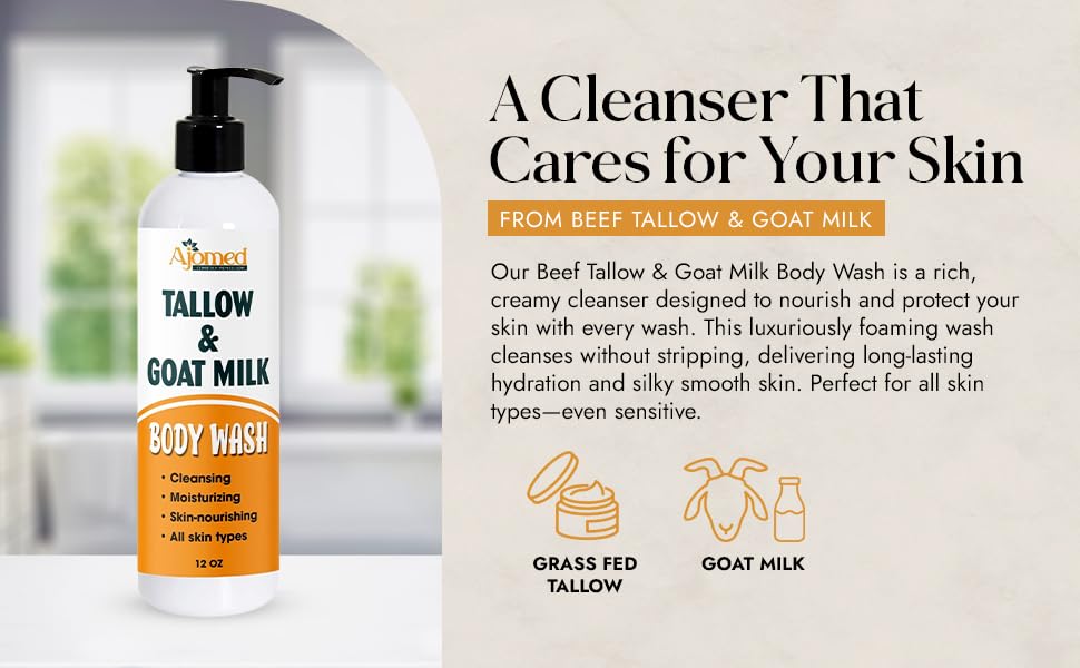 AJOMED COSMETICS natural ingredients with tallow and goat milk balance skin.