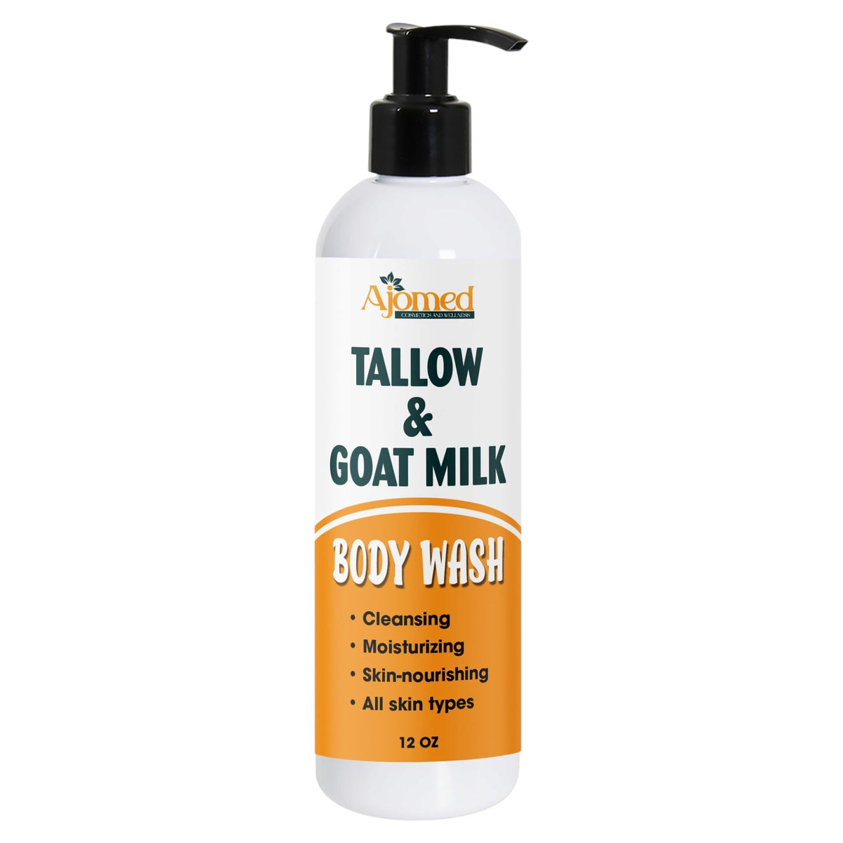 AJOMED COSMETICS Tallow & Goat Milk Body Wash bottle pump provides gentle cleansing and hydration.
