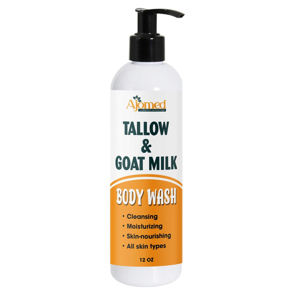 AJOMED COSMETICS Tallow & Goat Milk Body Wash bottle pump provides gentle cleansing and hydration.