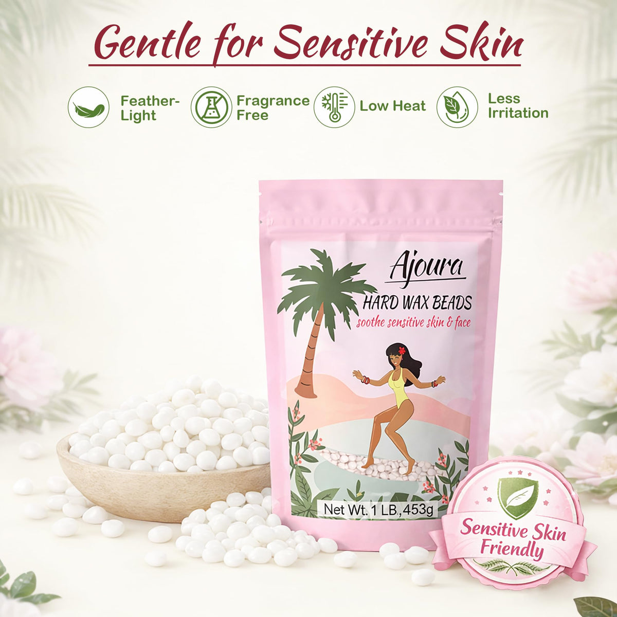 Ajoura wax melter heating beads with precise temperature control for safe at-home waxing.