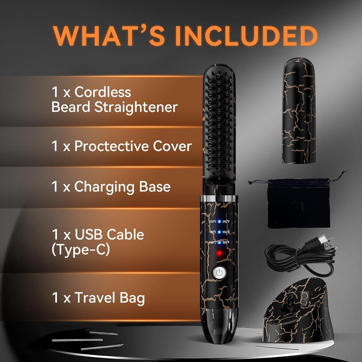 AKJ beard straightener USB cable included for easy charging.