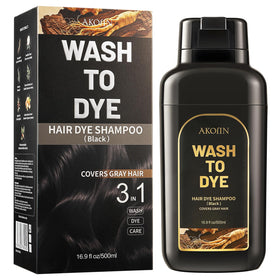 AKOIIN Black Hair Dye Shampoo bottle pour shows easy at-home color application.
