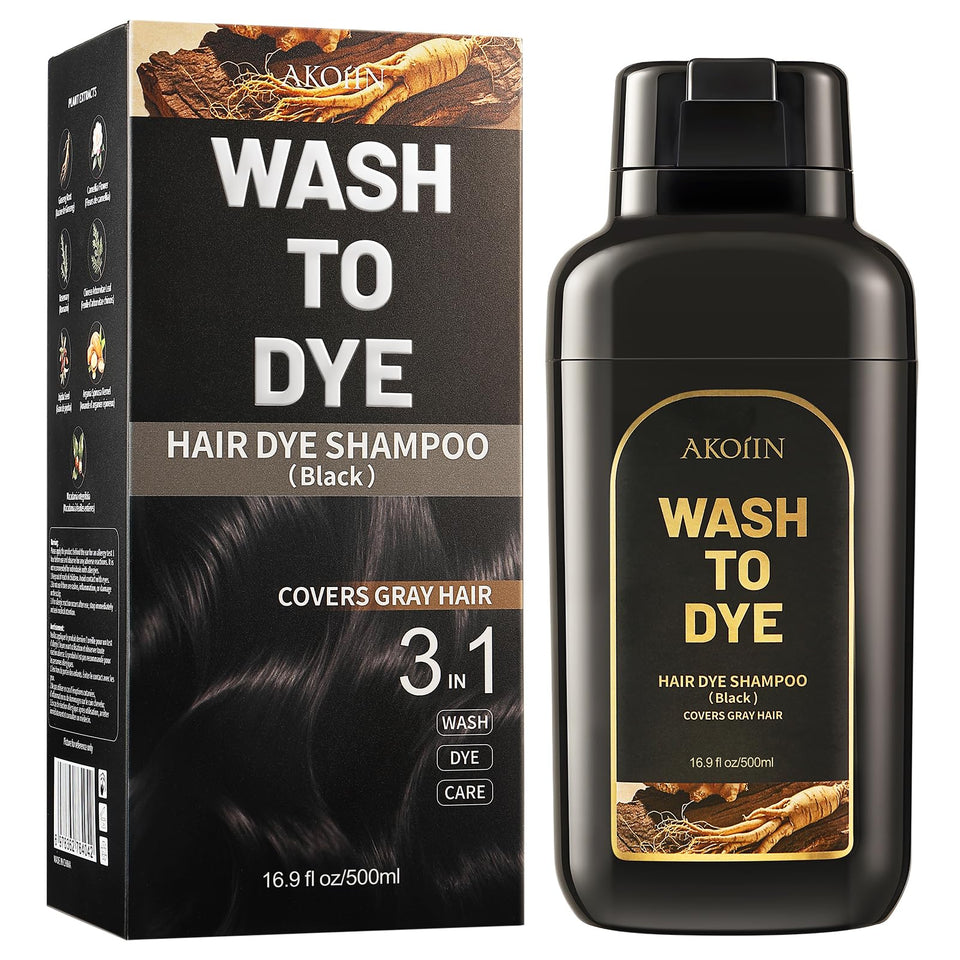 AKOIIN Black Hair Dye Shampoo bottle pour shows easy at-home color application.