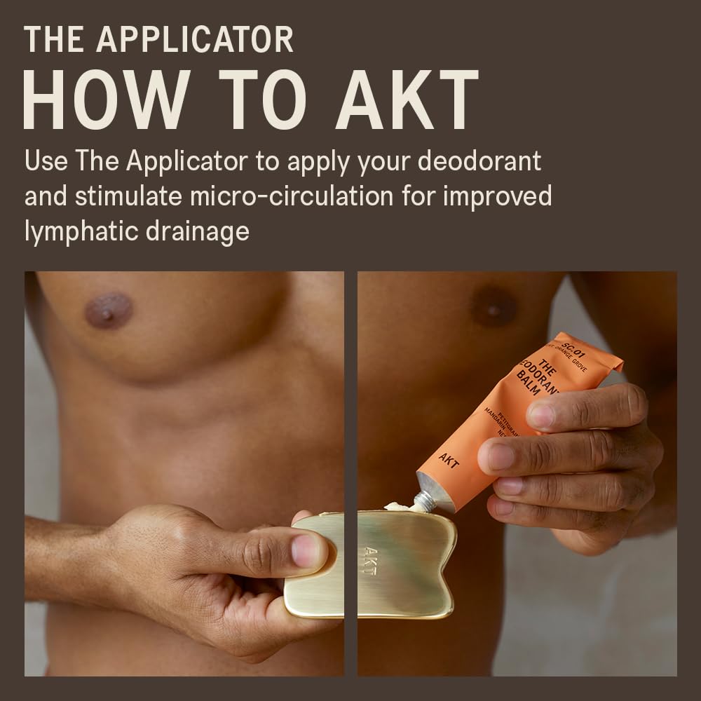 AKT Gua Sha-inspired applicator used on chest and neck for precision.