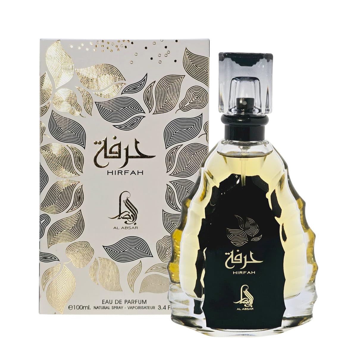 Al Absar Hirfah bottle with black and gold accents, signaling luxury.