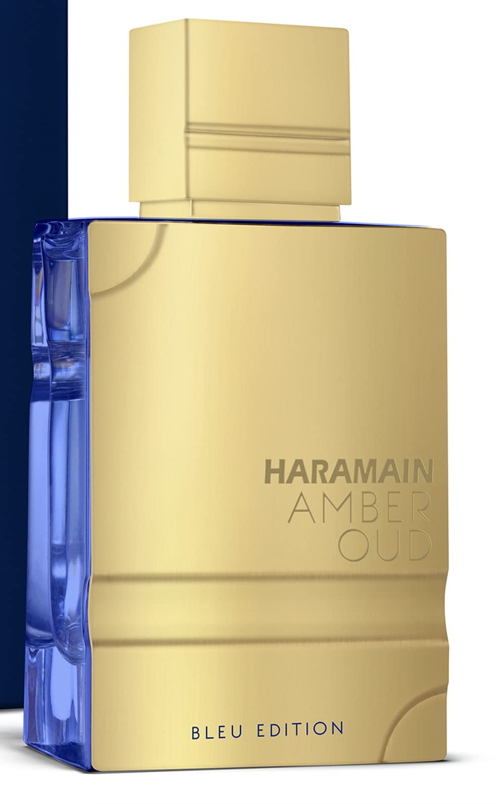 Al Haramain Amber Oud Blue Edition bottle close-up highlighting warm woods for evening use