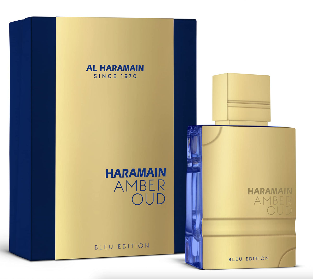 Al Haramain Amber Oud Blue Edition bottle pour with a vibrant citrus opening for everyday wear