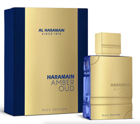 Al Haramain Amber Oud Blue Edition bottle pour with a vibrant citrus opening for everyday wear