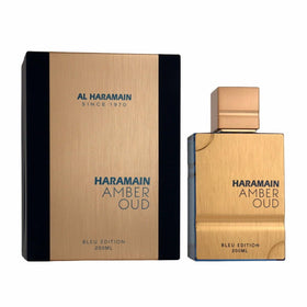 Al Haramain Amber Oud Blue Edition bottle shown for bold, long-lasting presence.