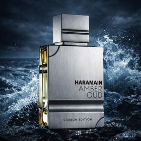 Al Haramain Amber Oud Carbon Edition bottle profile showing balanced warmth and fresh brightness.