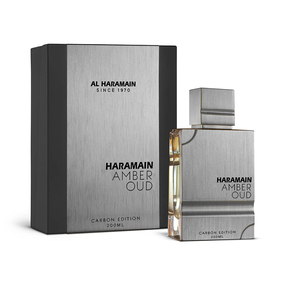 Al Haramain Amber Oud Carbon Edition bottle exudes luxury perfumery craftsmanship for daily wear.