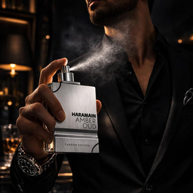 Al Haramain Amber Oud Carbon Edition packaging box for premium gifting presentation.