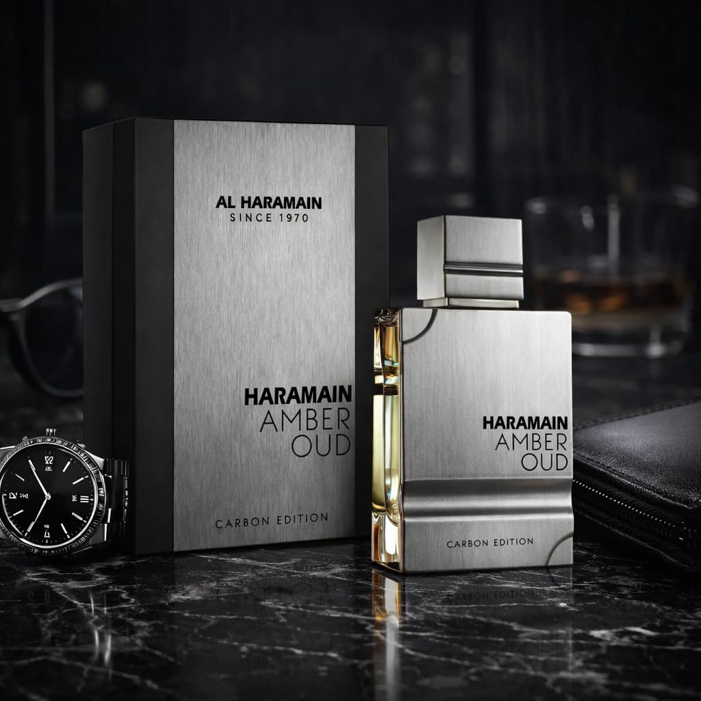 Al Haramain Amber Oud Carbon Edition cap and spray illustrating easy application.