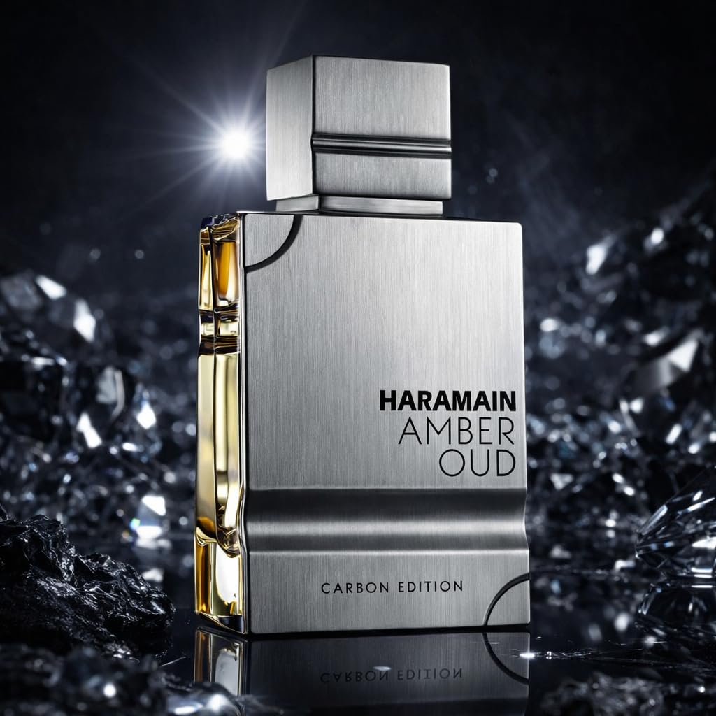 Al Haramain Amber Oud Carbon Edition label detailing heritage and craftsmanship.