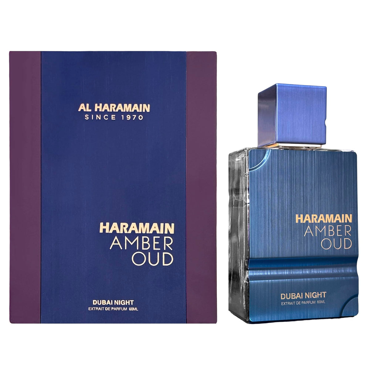 Al Haramain Amber Oud Dubai Night bottle with amber glow for lasting masculine fragrance.