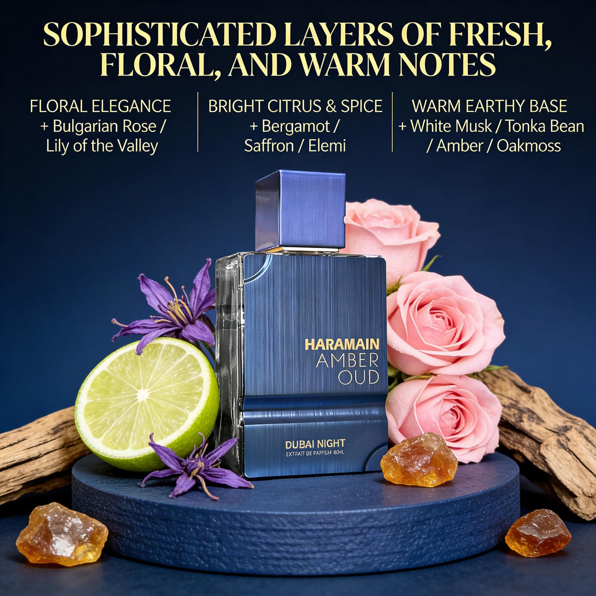 Al Haramain Amber Oud Dubai Night bergamot and saffron top notes.