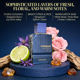 Al Haramain Amber Oud Dubai Night bergamot and saffron top notes.