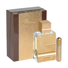 Al Haramain Amber Oud Gold Dubai Edition bottle front shows luxurious design for special occasions.