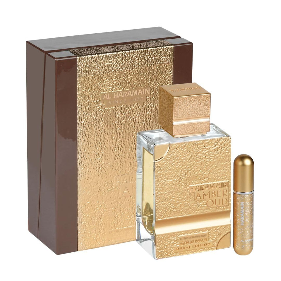 Al Haramain Amber Oud Gold Dubai Edition bottle front shows luxurious design for special occasions.