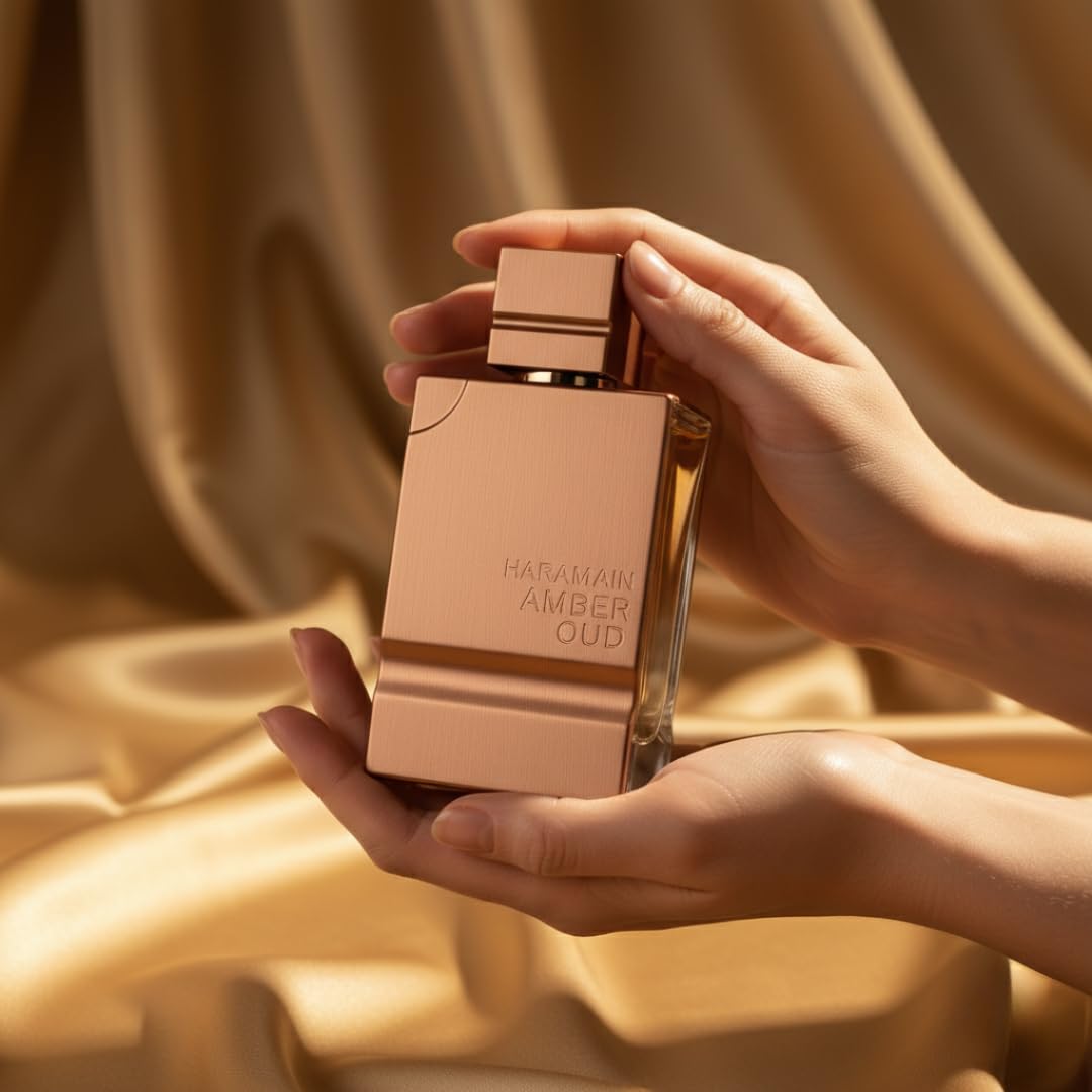 Al Haramain Amber Oud Gold Edition bottle close-up reveals color and texture.