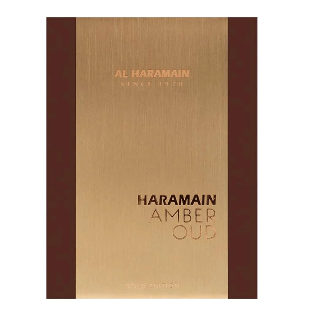 Close-up of Al Haramain Amber Oud Gold Edition cap highlighting amber-vanilla notes.