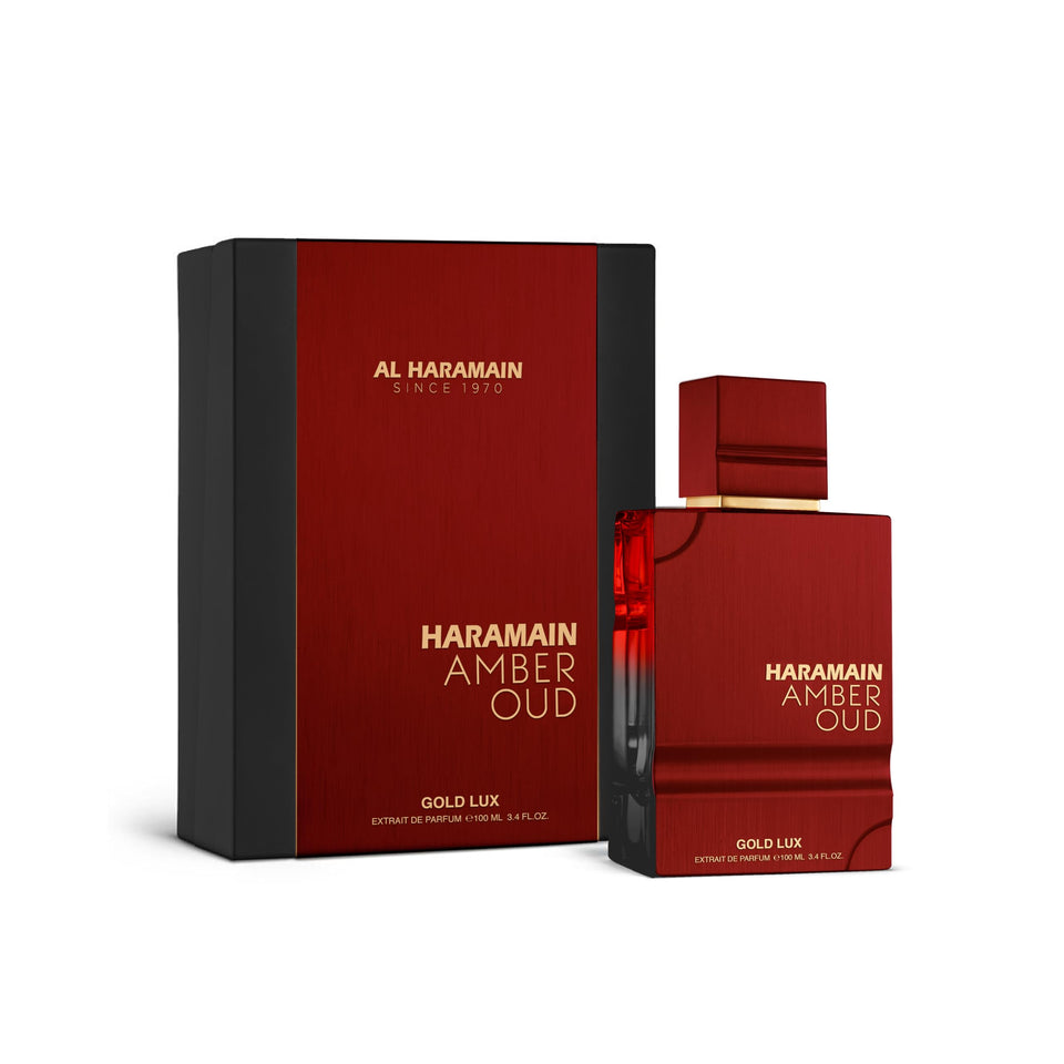Al Haramain Amber Oud Gold Lux bottle front view, showcasing warm, unisex fragrance.