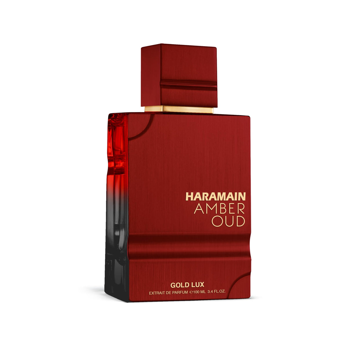 Al Haramain Amber Oud Gold Lux bottle side, highlighting elegant design and lasting presence.