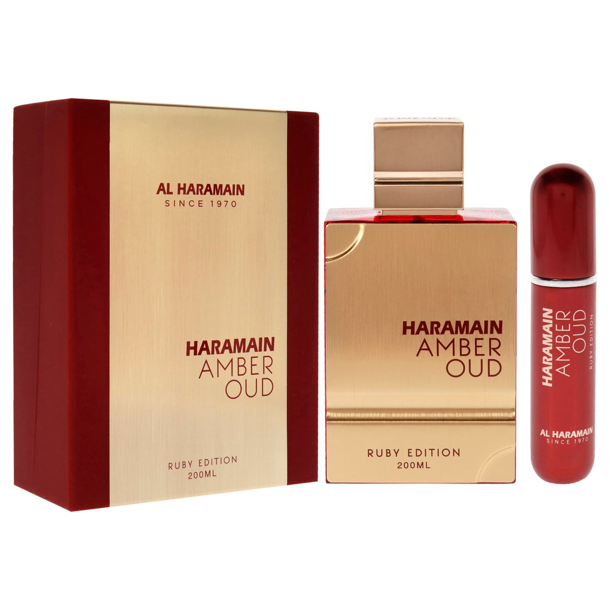 Al Haramain Amber Oud Ruby Edition bottle close-up — saffron and almond-inspired scent profile.