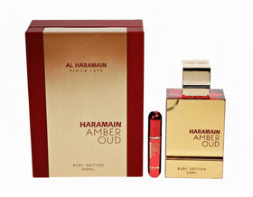 Al Haramain Amber Oud Ruby Edition bottle front — luxurious design for special occasions.