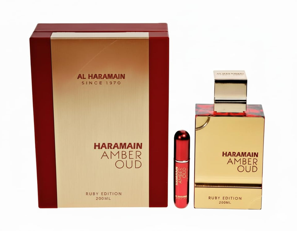 Al Haramain Amber Oud Ruby Edition bottle front — luxurious design for special occasions.