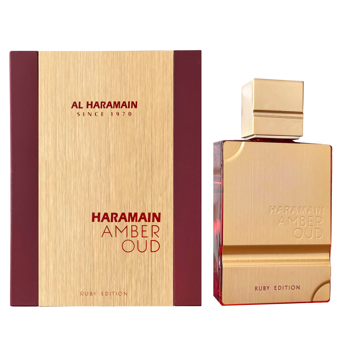 Al Haramain Amber Oud Ruby Edition bottle for versatile unisex daily wear