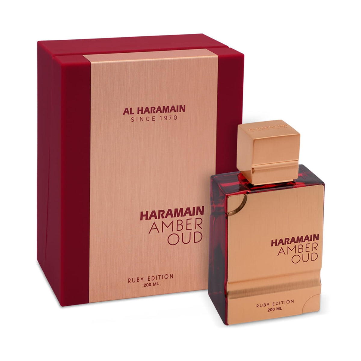 Al Haramain Amber Oud Ruby Edition box packaging — elegant gifting presentation.