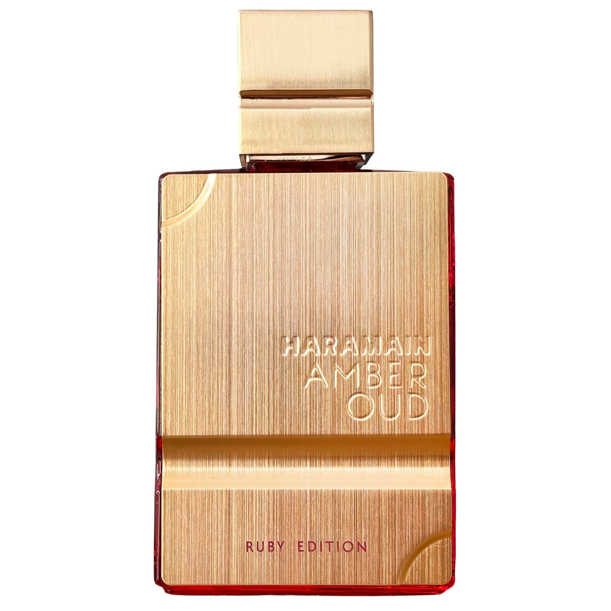 Al Haramain Amber Oud Ruby Edition cap close-up shows refined bottle design