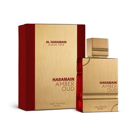 Al Haramain Amber Oud Ruby Edition perfume spray — long-lasting wear potential.