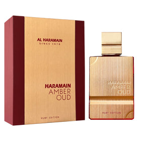 Al Haramain Amber Oud Ruby Edition spray close-up highlighting premium aroma and longevity