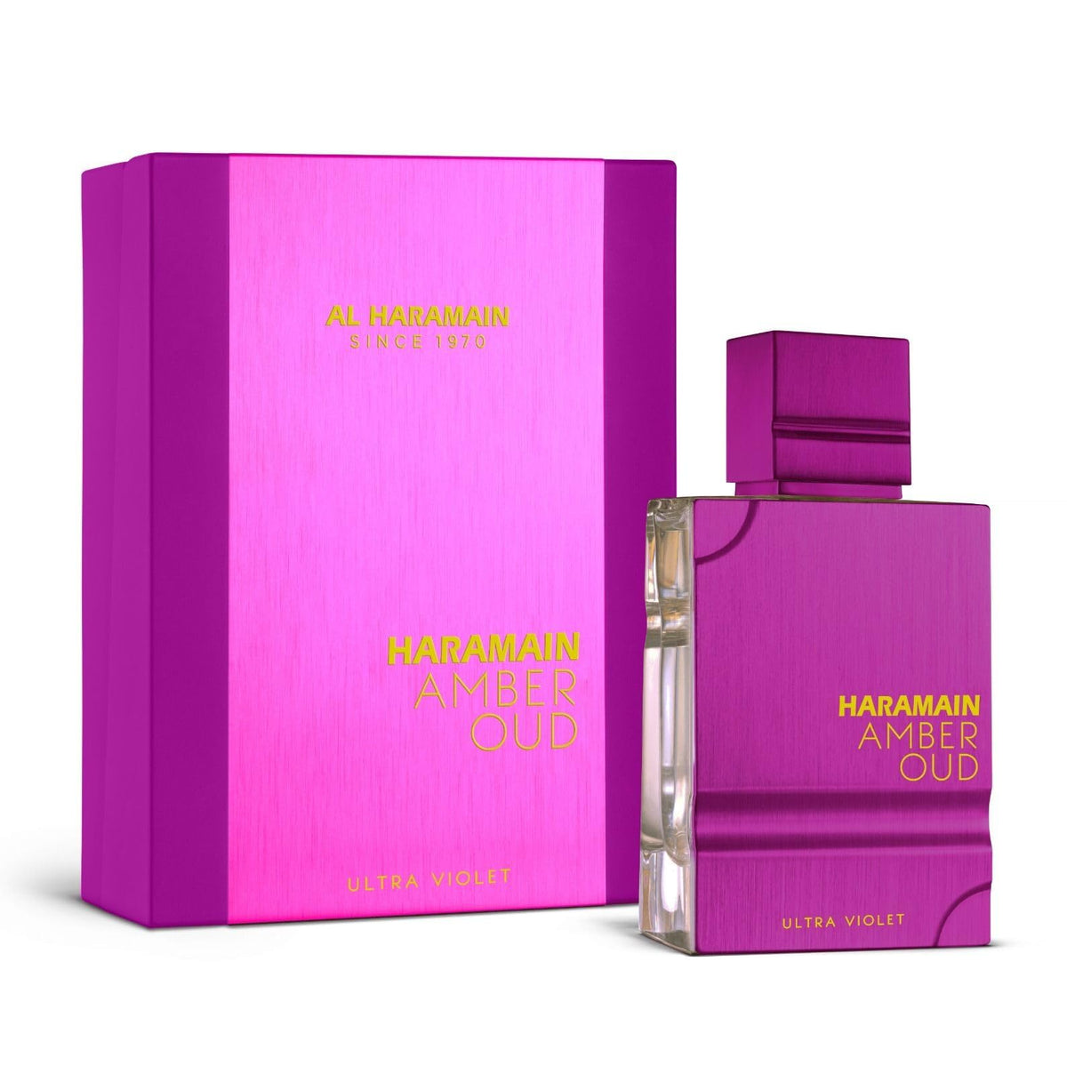 Al Haramain Amber Oud Ultra Violet bottle on a vanity for an elegant evening scent