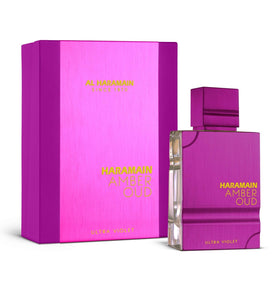 Al Haramain Amber Oud Ultra Violet bottle on a vanity for an elegant evening scent