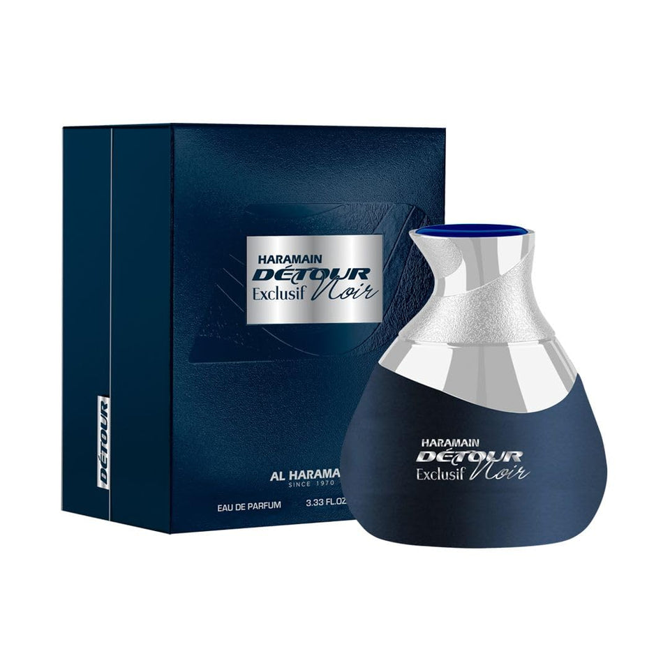 Al Haramain Detour Noir Exclusif bottle with sleek silhouette and lasting scent potential.