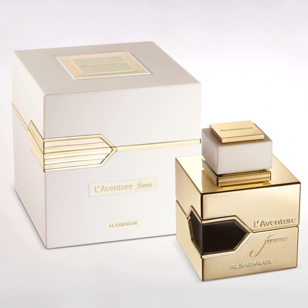 Al Haramain L'Aventure Femme EDP bottle side profile, sleek and premium for refined evenings.