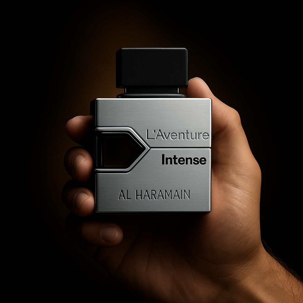 Front view of Al Haramain L'Aventure Intense box, premium branding